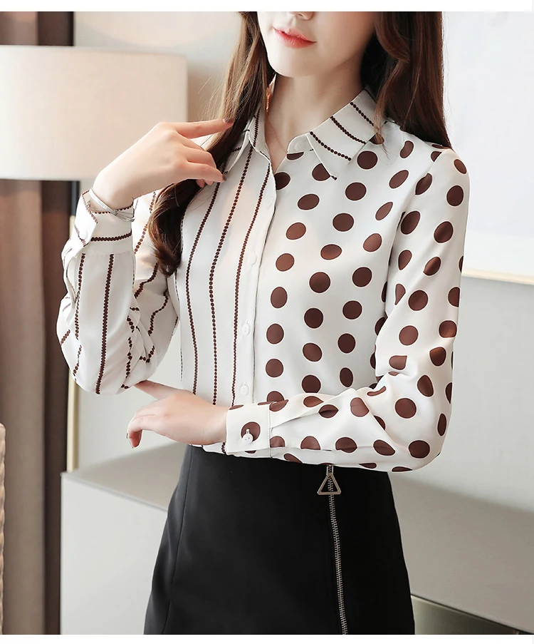 Осенняя женская блузка, офисный Топ с длинным рукавом, шифоновая блузка, на пуговицах, в полоску, в горошек, с v-образным вырезом, корейский топ, blusas, Топ для женщин 7185 50
