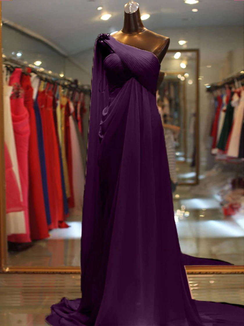 Вечернее платье трапециевидной формы на одно плечо со шлейфом Ватто ДРАПИРОВАННОЕ без рукавов с серебряным бисером - Цвет: Фиолетовый
