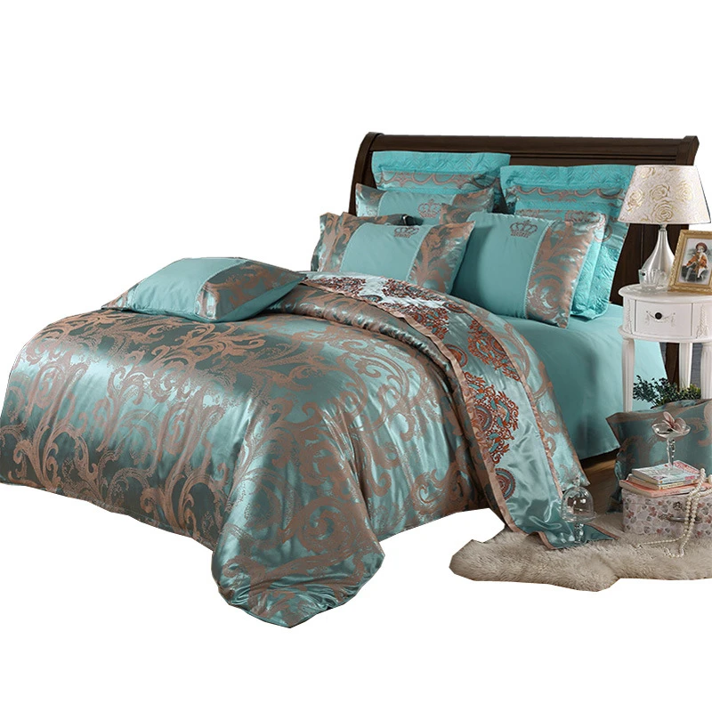 

HOT 4pcs European-style Active Satin Jacquard Bedding Set High Grade King Size Bed Set Quilt Cover Bedding Sheets Pillowcases