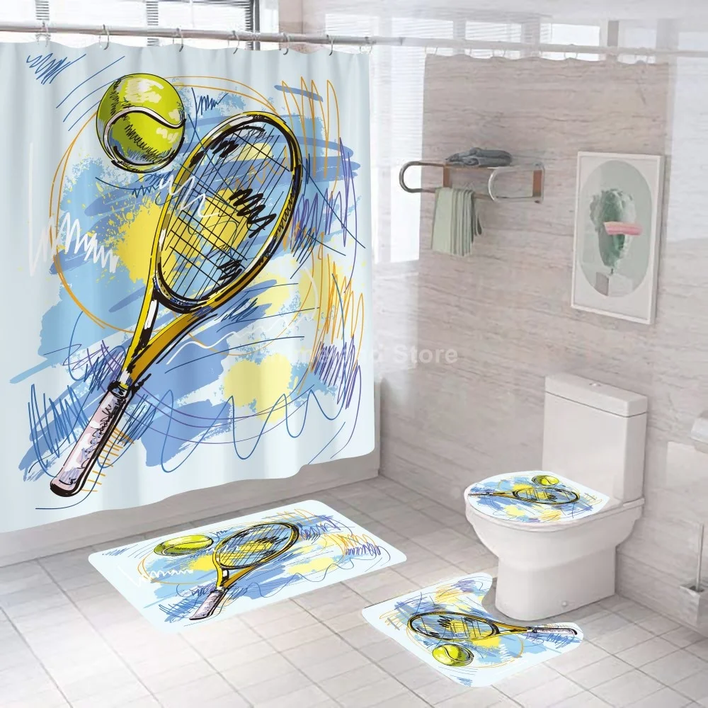 

Tennis Ball Shower Curtains Sport Fashion Cool Bathroom Curtain Bath Sets Toilet Cover Mat Non-Slip Washroom Rug Set 180x180cm