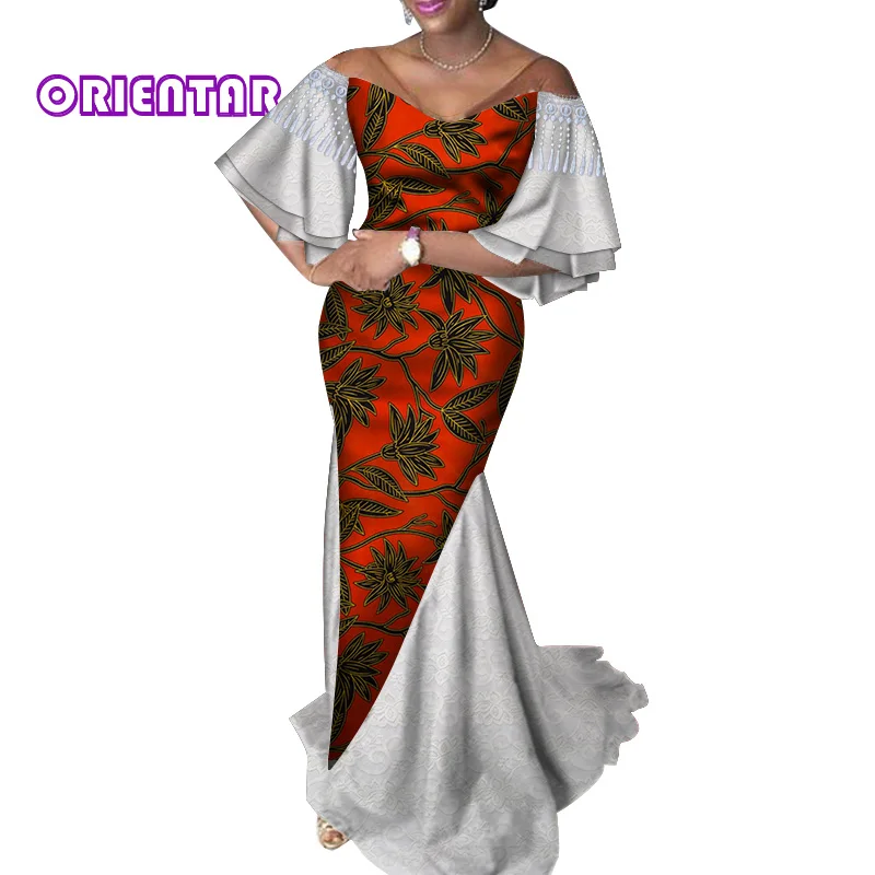 Африканские платья для женщин, традиционная африканская печать, белое кружево, длина до пола, свадебное платье, женские элегантные длинные платья WY4346