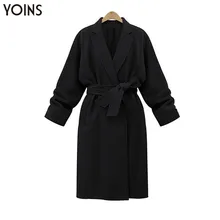 YONIS осень зима весна женские тренчи Куртки с лацканами с поясом v-образным вырезом свободные с длинными рукавами Повседневная Базовая Рабочая верхняя одежда