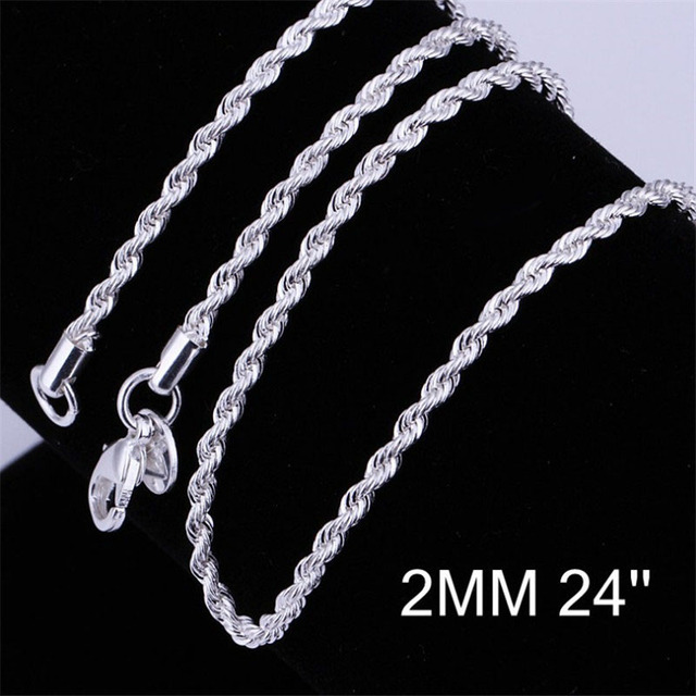 Sale Retail Wholesale Silver Plated Necklace Women Man Necklace 2mm16,18,20,22,24 Inch Twist Rope Chain Jewelry Accesory