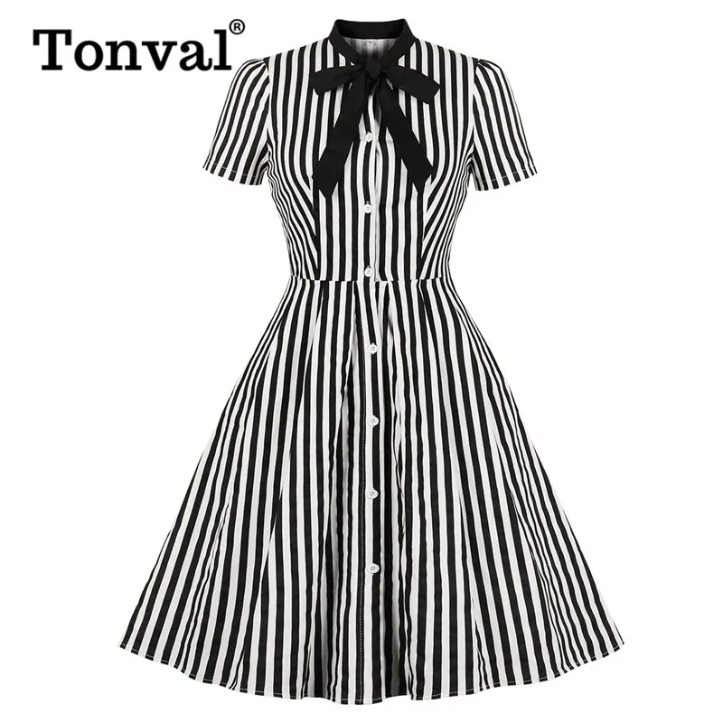 

Tonval Black and White Striped Bow Tie Neck High Waist Elegant Women Dress Button Up Cotton Pocket Side Vintage Dresses