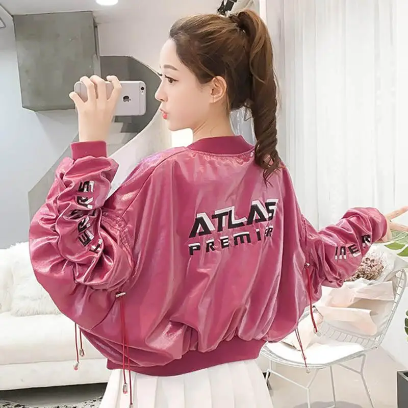 

Harajuku Jacket Women Back Letter Printting Short Baseball Coat Loose Batwing Sleeved High Waist Outwear