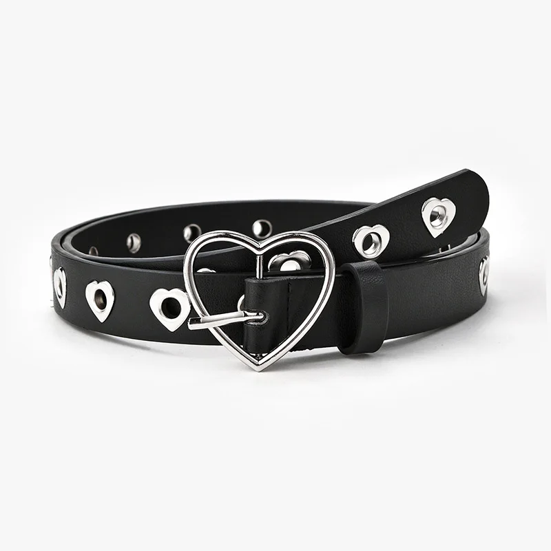 Women Belt Fashion Leather Punk Belt with Adjustable Love Heart Holes Luxury Designer Buckle Belt for Dress Jeans Cool Boy Girl