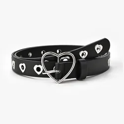 Women Belt Fashion Leather Punk Belt with Adjustable Love Heart Holes Luxury Designer Buckle Belt for Dress Jeans Cool Boy Girl