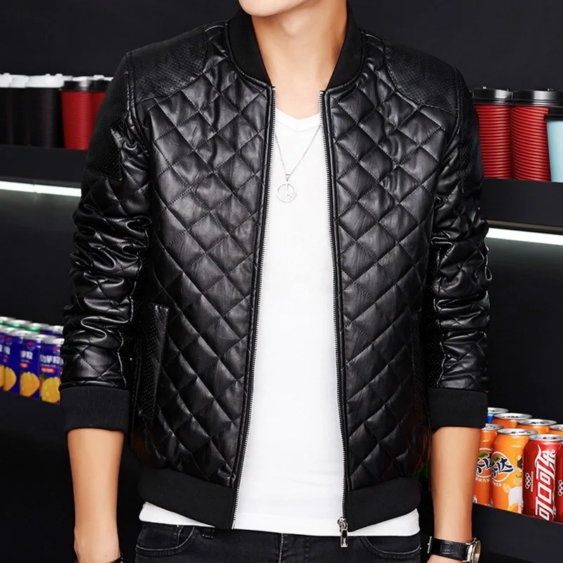 

PUIMENTIUA 2019 Winter New Men Leather Jacket Stand Collar Thick Warm Tops Slim Fit Male Parkas Fashion Motorcycle Leather Coats