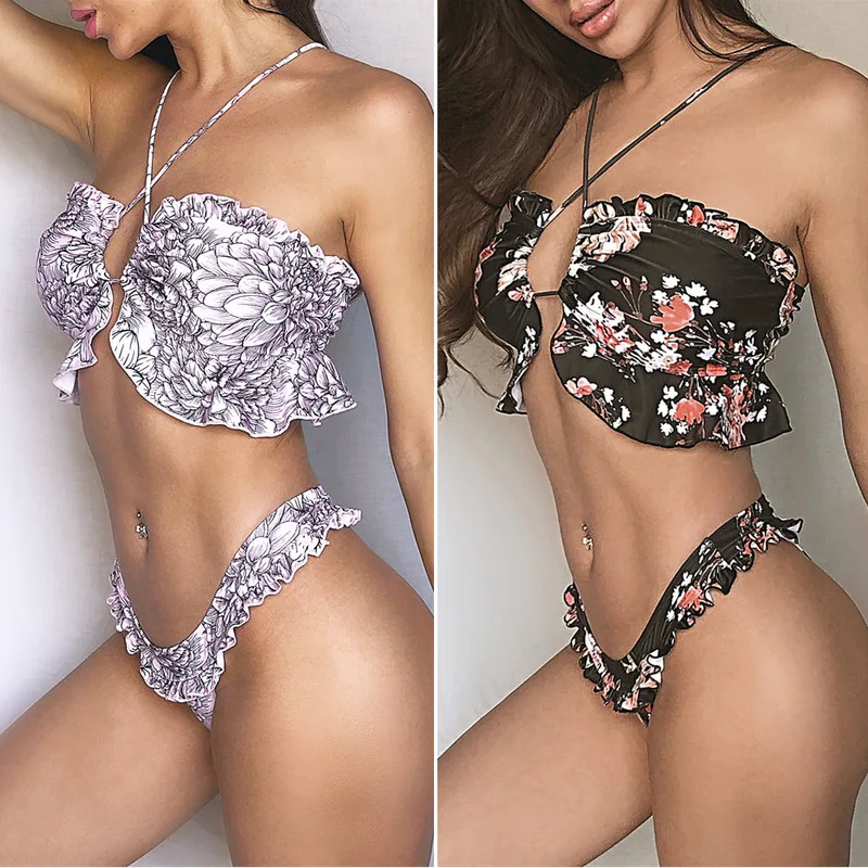 

May Plus Size Female Beach Woman Bikini Swimsuit Swimwear 2020 Bathing Clothes Girl New Floral Ruffle Strap Print Polyester