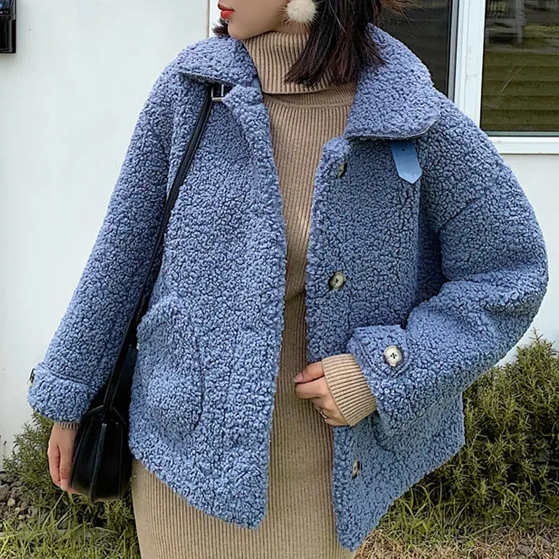 RealShe зимняя куртка для женщин с лацканами и длинными рукавами, пуговицами и карманами, шерстяные пальто и куртки для женщин, осенне-зимнее повседневное шерстяное пальто для женщин - Цвет: blue coat women