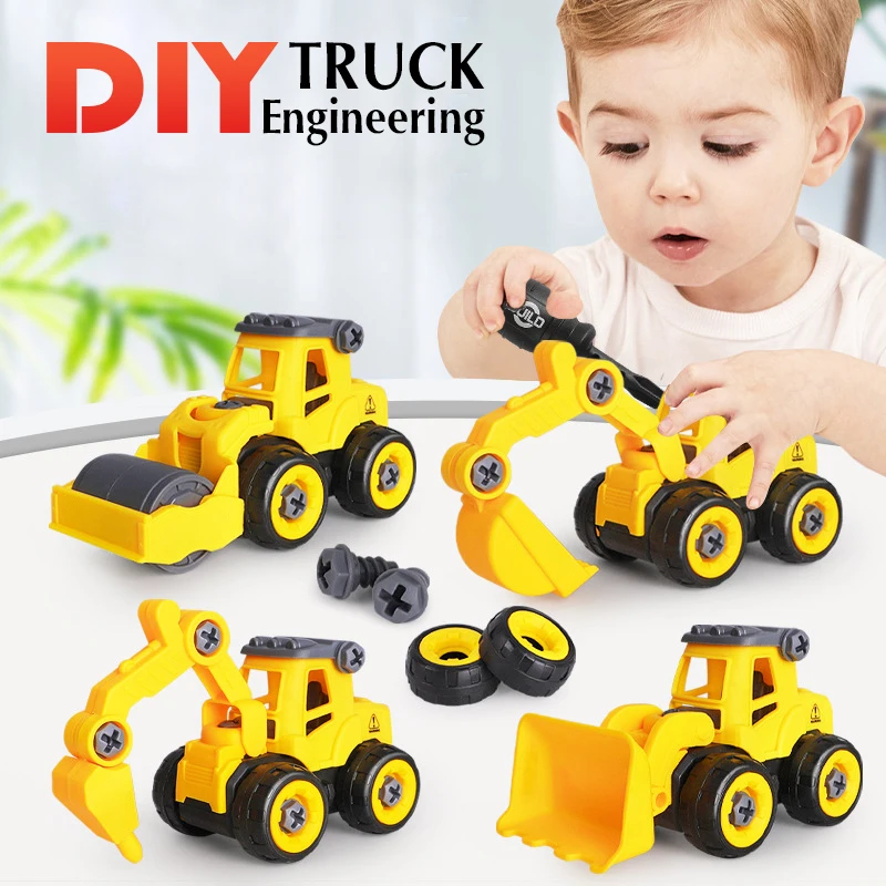 Diy 4 Piece Children's Truck Excavator Separate Screw Toys Children's Education Assembly Project Car Toys Vehicle Tools for Kid