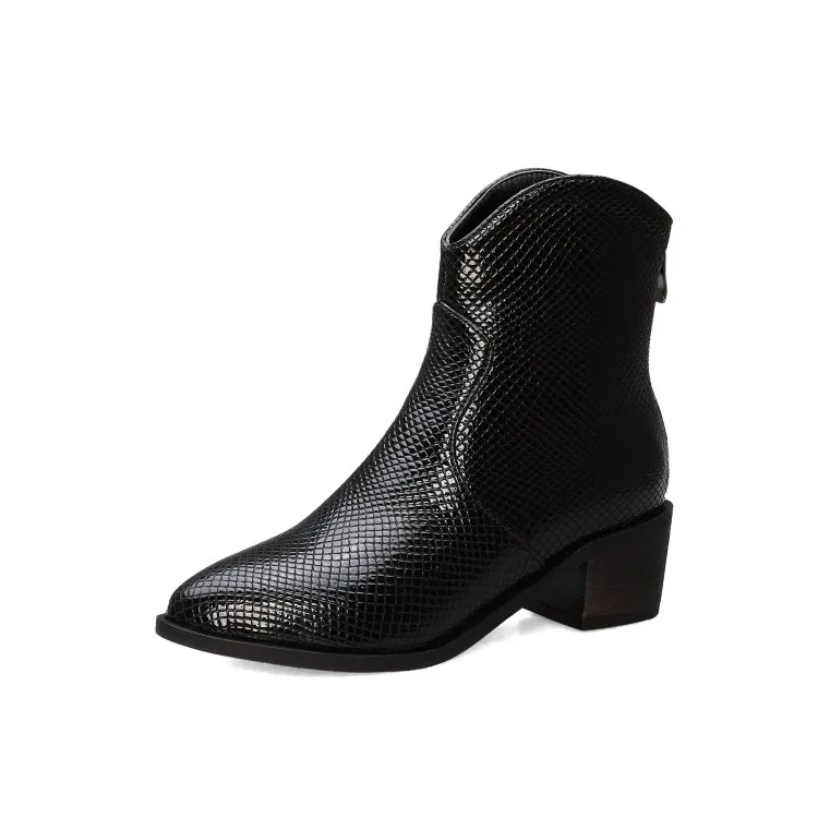 Winter Boots Women Pointed Toe Med Square Heel Zip Riding, Equestrian Snake Rome Black Gray Yellow Ankle Boots for Women Shoes
