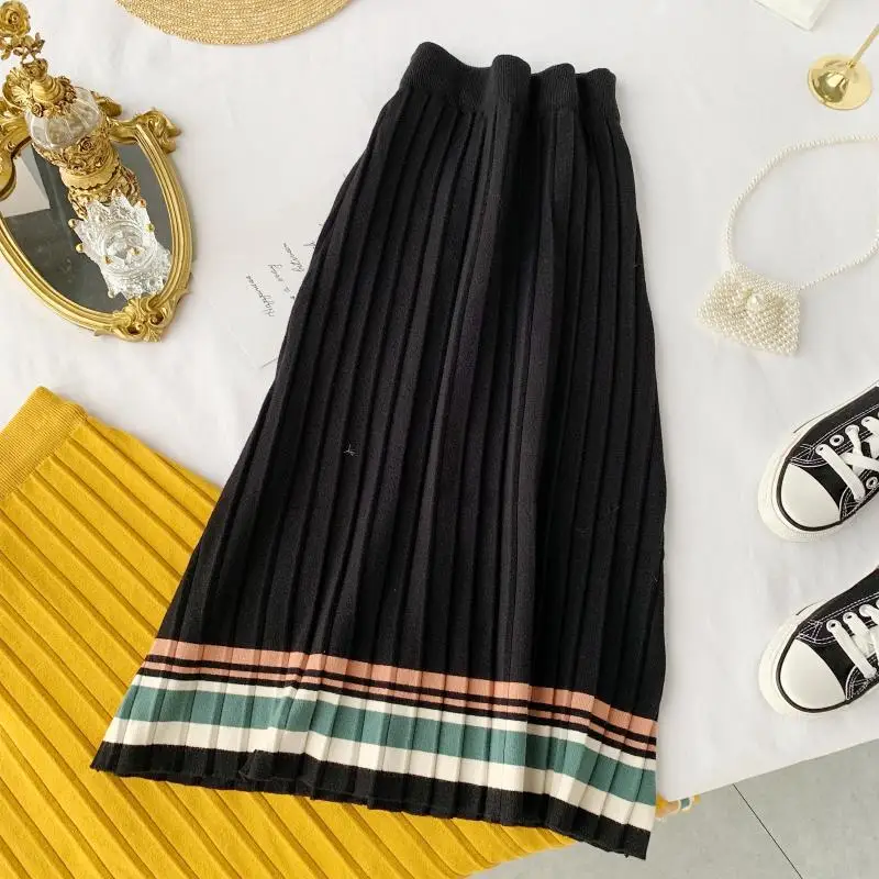 New spring autumn Korean version skirt women vintage elastic high waist Medium long pleated knitted skirt cc1758
