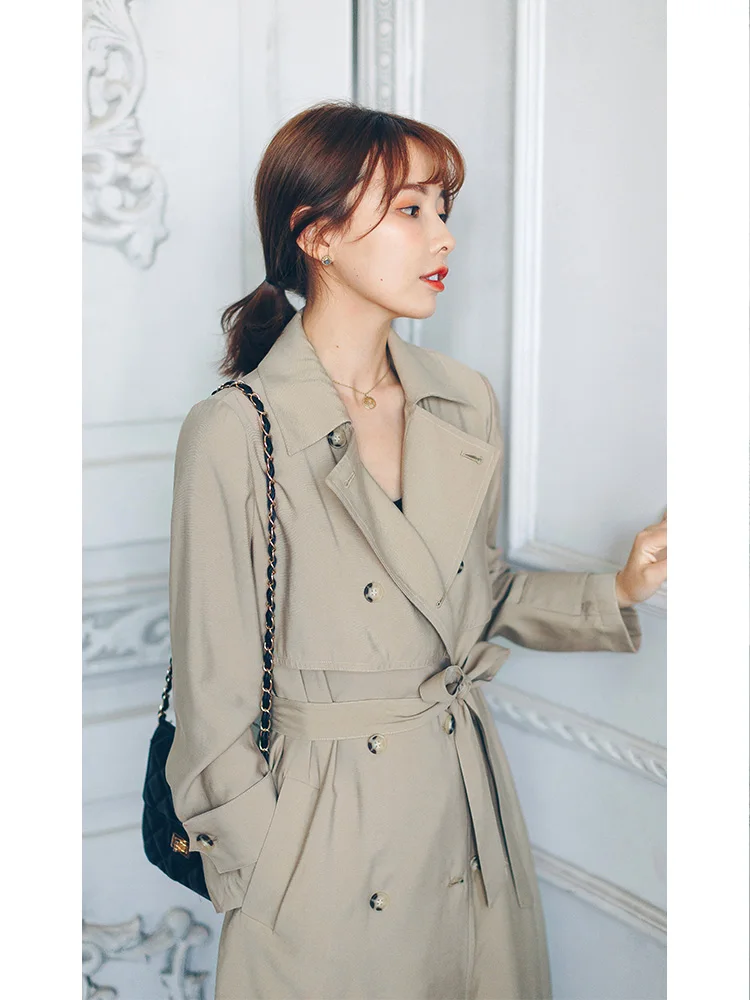 new Spring Autumn Long Trench Coat for Women Casual Slim Double Breasted chic Coat with Pocket