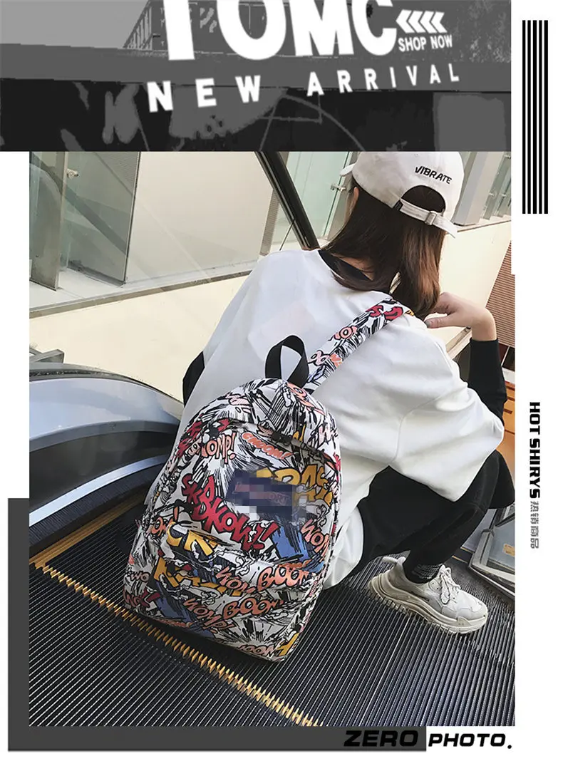 New backpack female cartoon alphabet doodle personality wild backpack men and women shoulder bag mochila