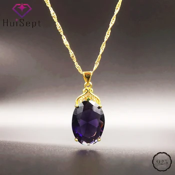 

HuiSept Elegant Silver 925 Necklace Oval Shape Amethyst Gemstone Pendant Jewelry Ornaments for Female Wedding Promise Party Gift