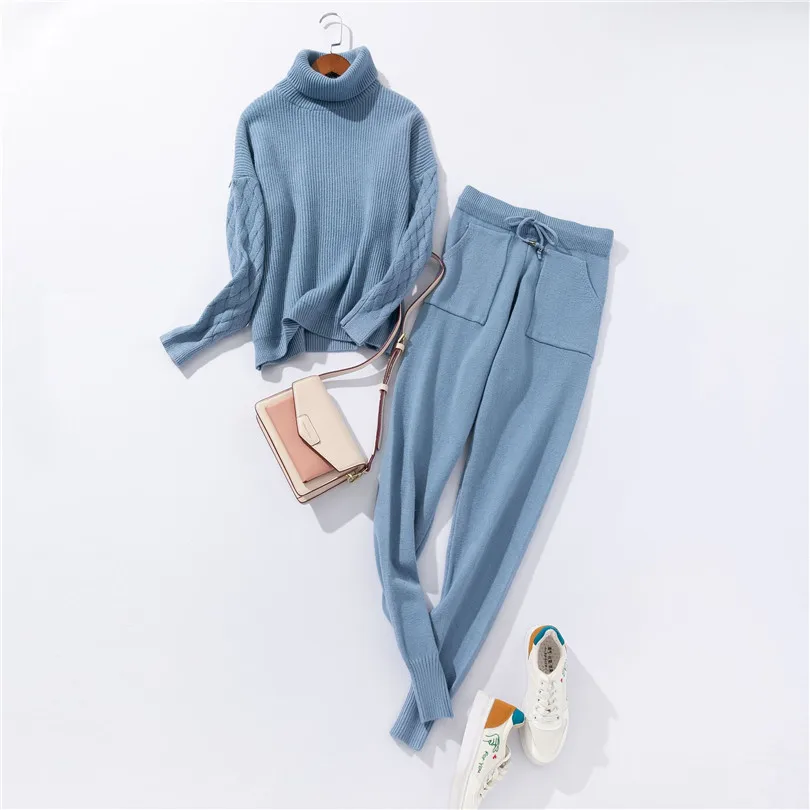 MVGIRLRU осенний вязаный спортивный костюм Женская водолазка пуловер свитер+ длинные штаны комплект из 2 предметов женский - Цвет: Небесно-голубой