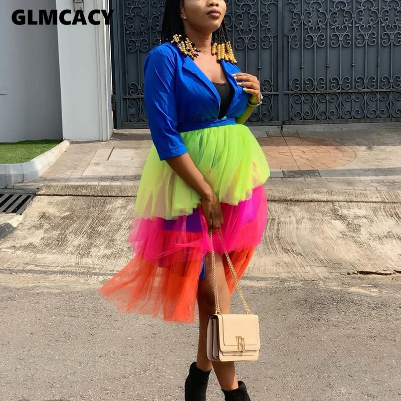 Women Candy Color Cascading Ruffle Design Mesh Splicing Notched Lapel Collar Blazer Dress Chic Plus Size Spring Fall Dress