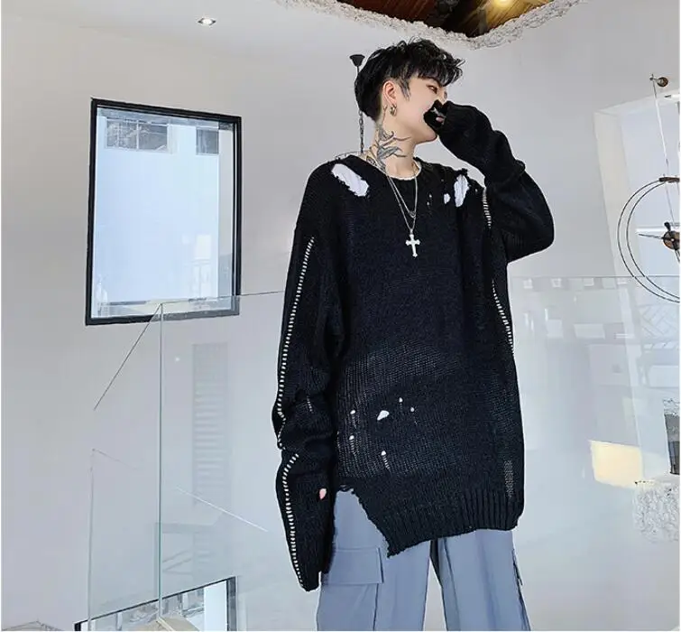 M-XL! дизайнерские модели прилива мужчин ленивый свободный отверстие тонкий свитер осень шик личности Асимметричный вязаный свитер