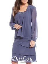 Two Piece Mother of the Bride Dress Plus Size Jewel Neck Knee Length Chiffon Long Sleeve with Beading Tier 2021