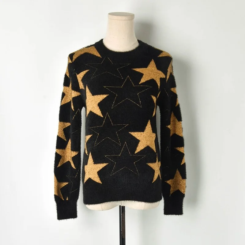 2019 Christmas Star Pattern Women Mohair Sweater Pullover Brand Designer Gold Line Female Knitted Jumper Fall Winter Clothes | Женская