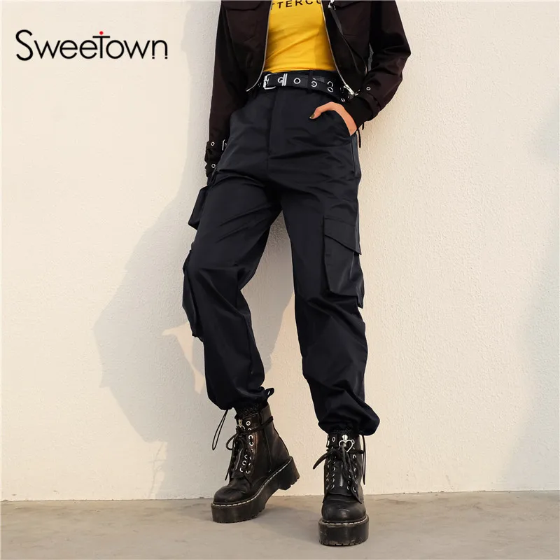 Sweetown, однотонные карманы, уличная одежда, брюки-карго, женские, повседневные, размера плюс, прямые брюки, эластичные, высокая талия, хиппи, мешковатые штаны