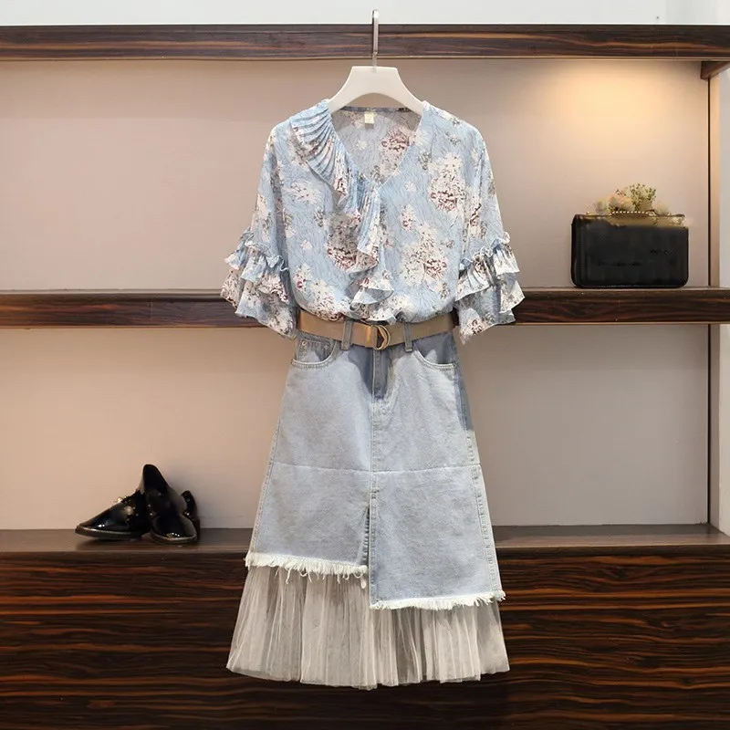 

2019 New Summer Women Skirts Set Floral Print Ruffles Chiffon Blouses Shirts And Mesh Denim Skirt Sets Clothing