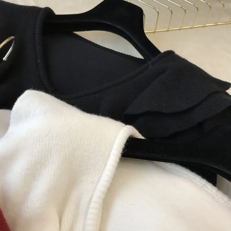 ALPHALMODA осень зима модный свитер с оборками и v-образным вырезом с длинным рукавом Женский Повседневный однотонный вязаный джемпер зимний топ