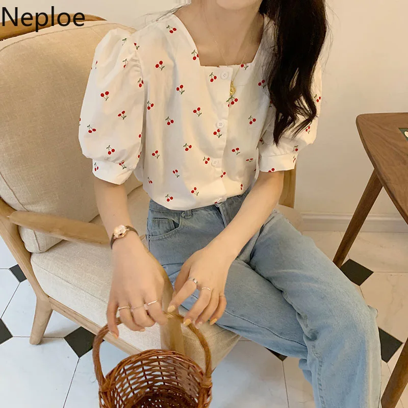 Neploe Vintage Print Cherry Women Blouses Square Collar Sweet Puff Sleeve Shirt Loose All-match Summer White Blouse Tops Female white blouse for women