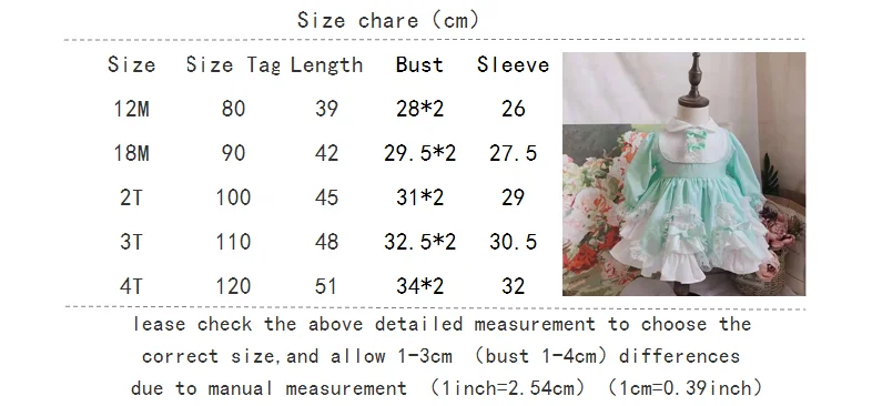 Осенне-зимнее От 0 до 6 лет, испанское вечернее платье Лолита для маленьких девочек, мятно-зеленое бальное платье принцессы с длинными рукавами и бантом, детская одежда