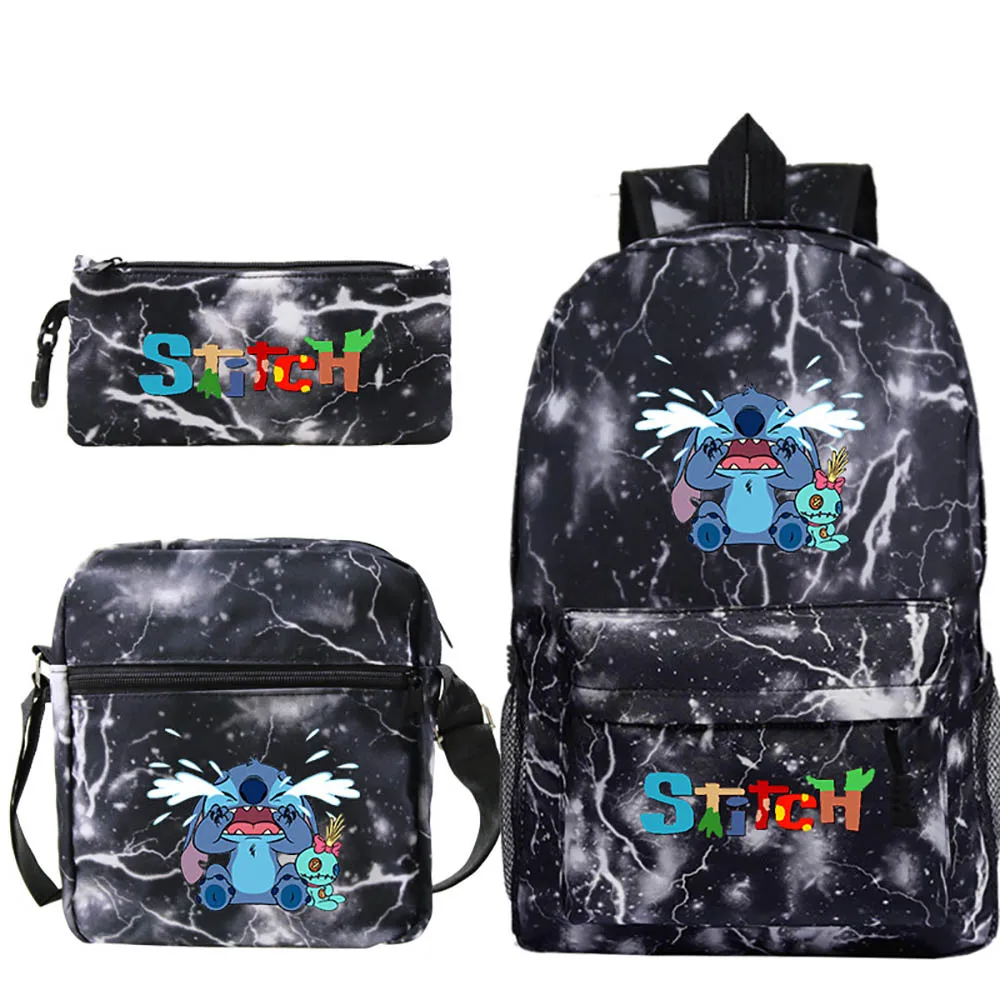 2021 New Stitch Angry Cartoon Print Elementary School Backpack Set Student Schoolbag+Shoulder Bag+Pencil Case Three-Piece Set