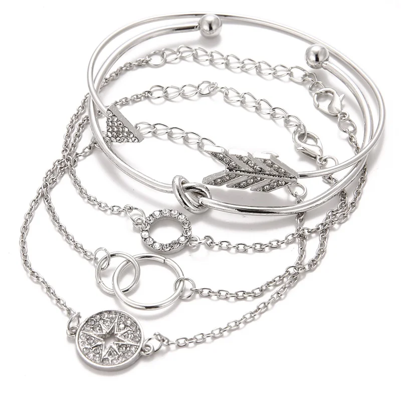 Богемный набор из 5 предметов, круглые браслеты со стрелками и кристаллами, женские новые ретро браслеты, женские модные ювелирные изделия