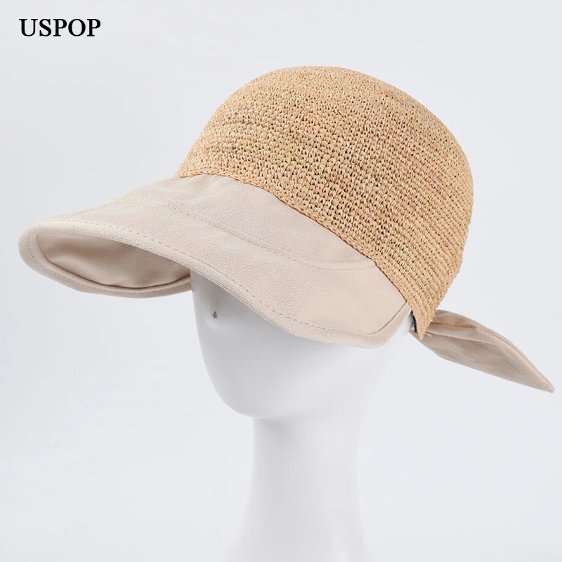 

USPOP New design baseball caps summer straw pathcwork baseball cap lace-up bow sun visor ccaps raffia sun hats