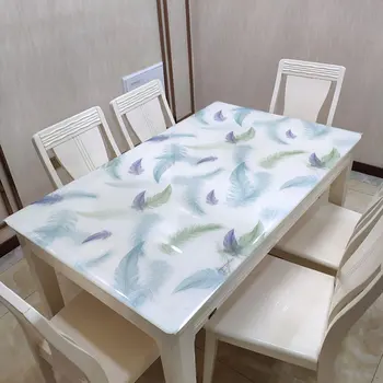 

Blue Feather Printed Dining Tablecloths Soft Glass PVC Waterproof Tea Table Cover TV Cabinet Desk Cloth Wedding Party Tablecloth