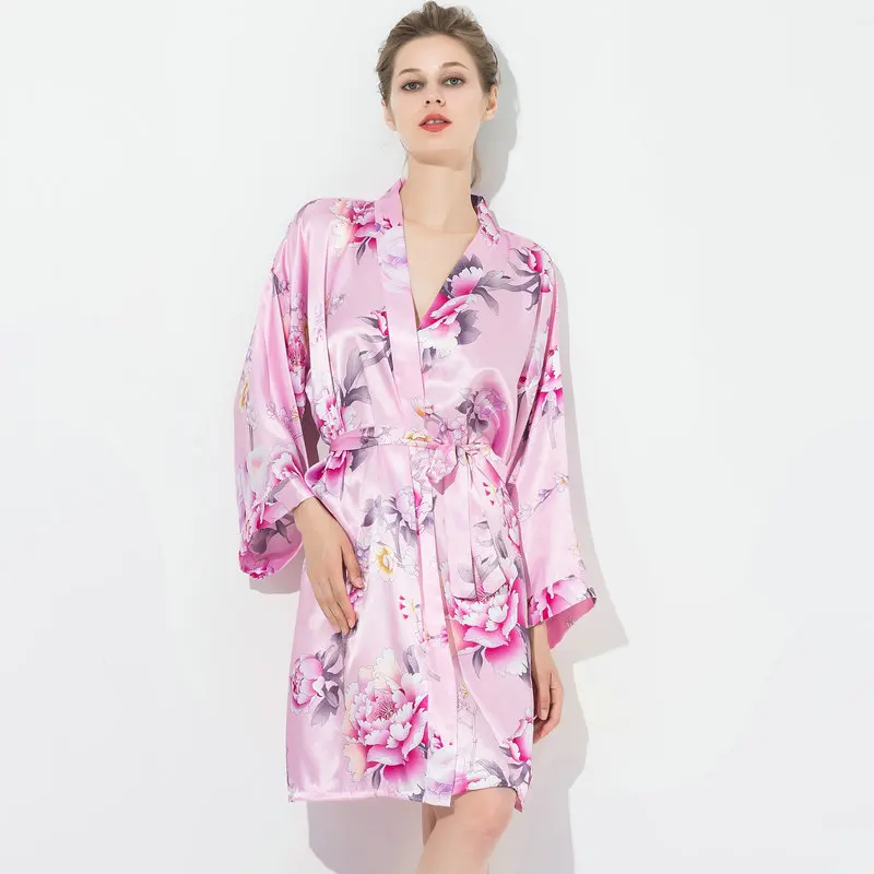YUXINBRIDAL халат халаты с цветочным принтом атласный шелк невесты халат атласный женские халаты Пижама банный халат длинный - Цвет: Pink