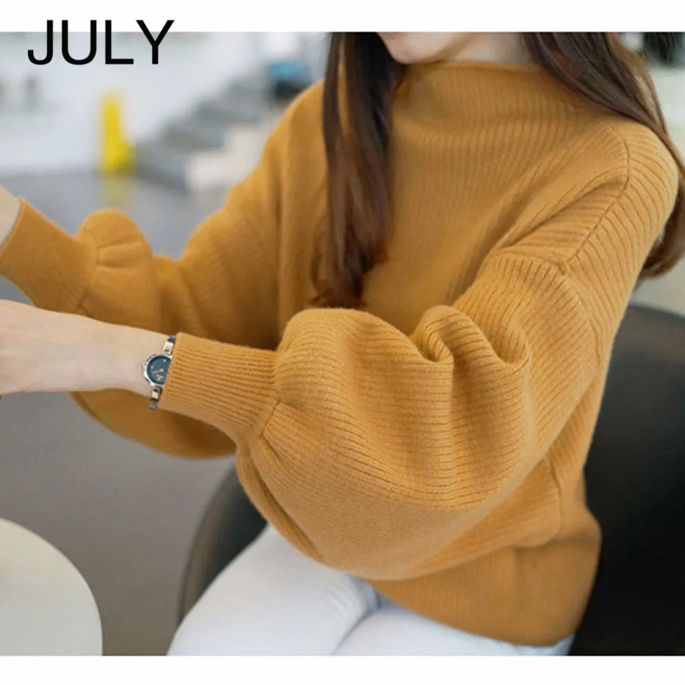 

2019 Autumn sweater female Short paragraph Solid color college wind half-high collar pullover loose wild Lantern sleeve sweater
