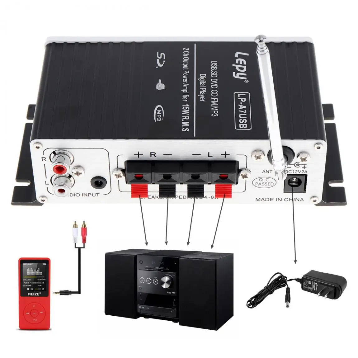 Car Mini Hi-Fi Stereo Audio Amplifier USB SD DVD CD FM MP3 with Remote Controller for Car Motorcycle Home Audio Bluetooth-compat