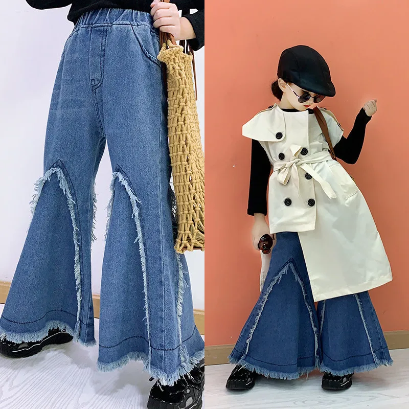 

Girls pants 2019 autumn new children's retro niche fashion bell bottom jeans trousers wide leg pants tide