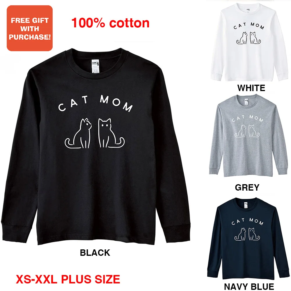 

BLINGPAW Minimalist Women Graphics T-shirt Cat Mom Long Sleeved Tops Tees O-Neck Casual 100% Cotton Plus Size