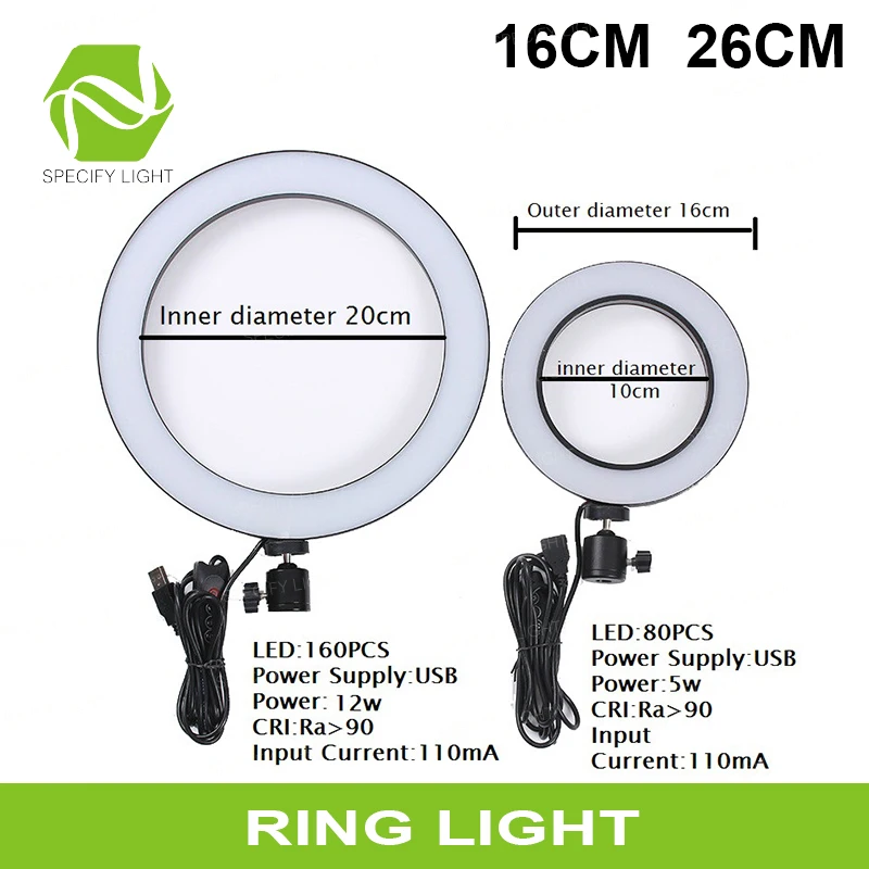 

6" 10" 16 26cm Dimmable Wide Dimming Range LED Ring Fill Light Tripod for Camera Phone Studio Selfie Photography Beauty Make-up