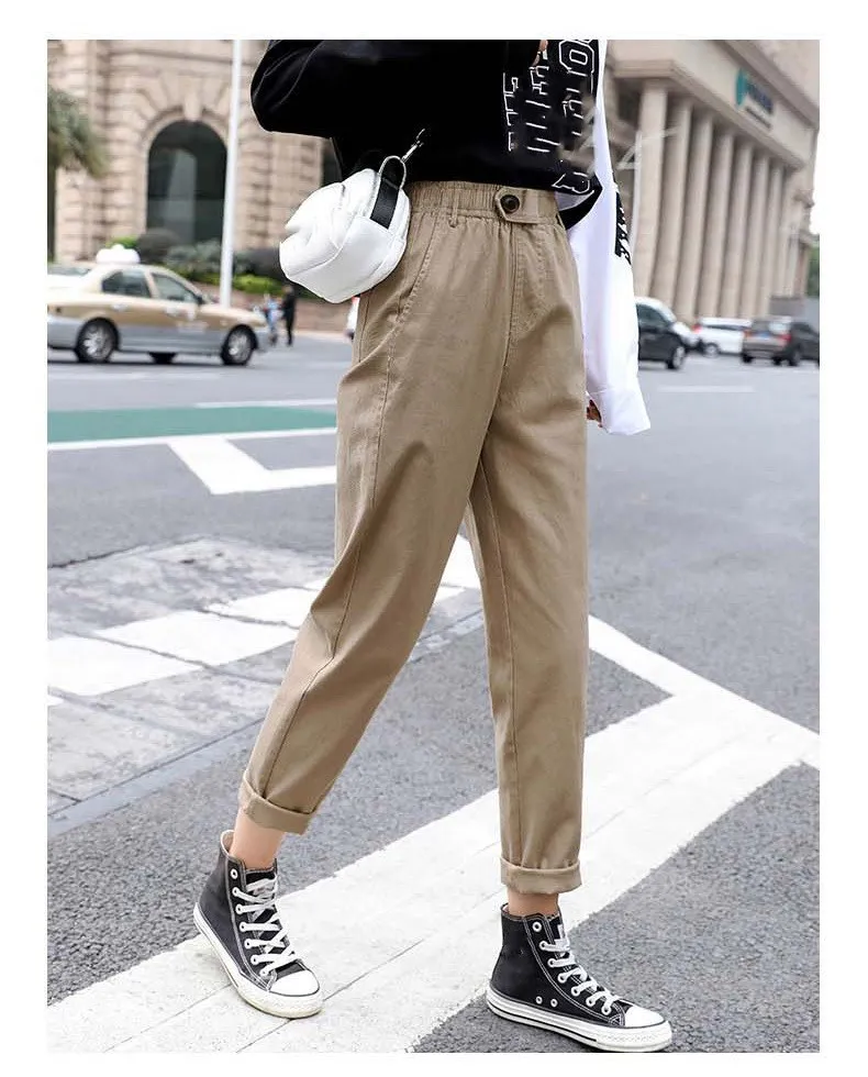 

Women Korean Autumn Casual Button Trousers Elastic Waist Solid Straight Overalls Triangle Buckle Cargo Harem Pants