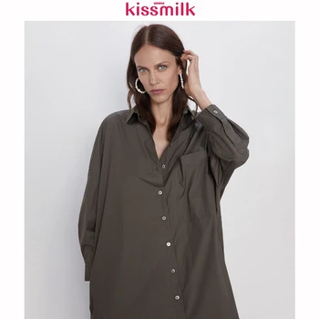 

KISSMILK 2020 Spring And Summer Fashion Plus Size Women Pocket Plus Size Long Sleeve Lapel Loose Long Shirt