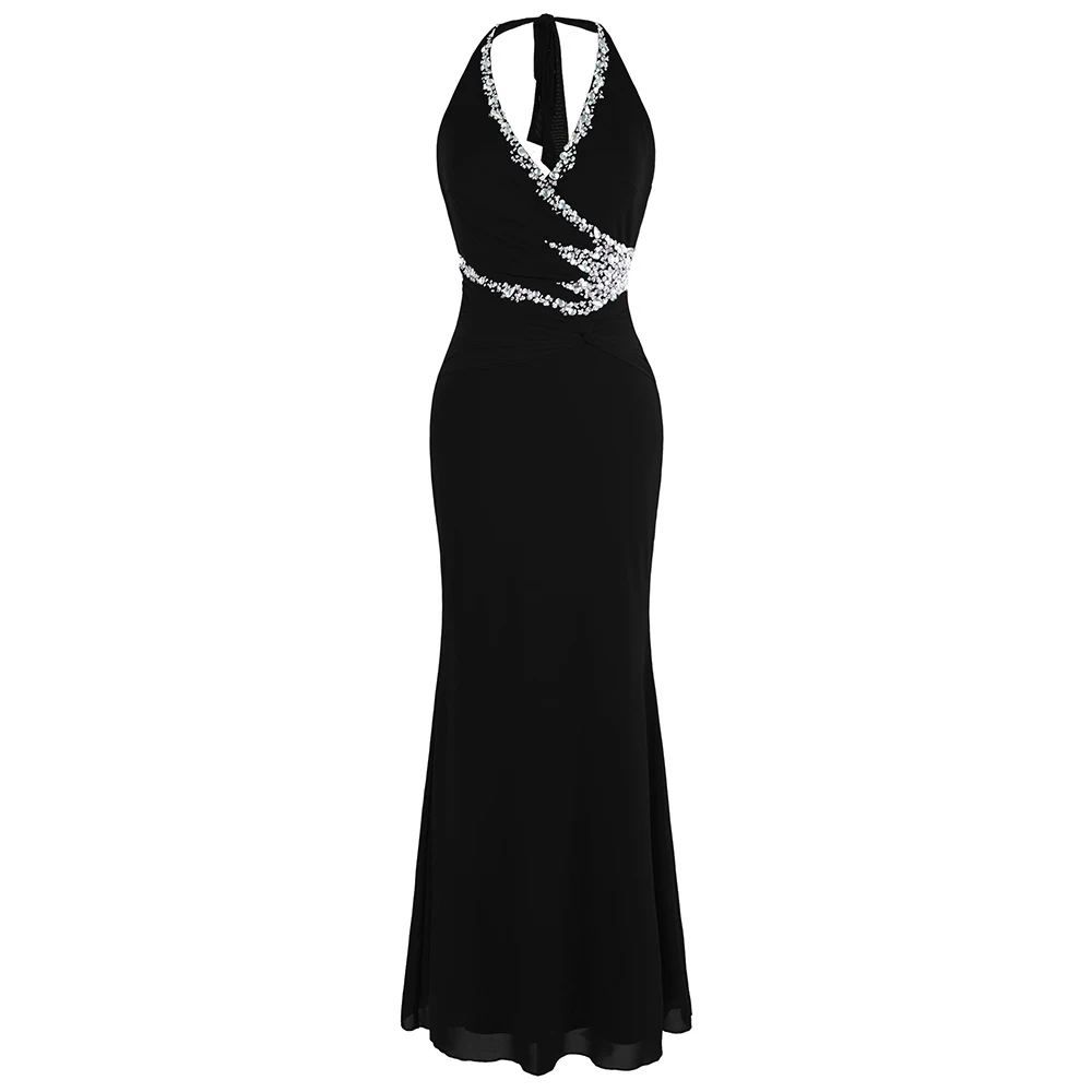 Angel-Fashion Холтер Бисероплетение Черные вечерние платья длинное вечернее платье 474