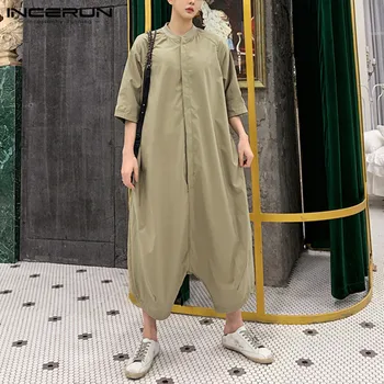 

INCERUN Fashion Loose Men Jumpsuits Solid Color Half Sleeve Streetwear Joggers Overalls Button Casual Drop-crotch Pants Men 2020