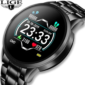 

LIGE 2020 New Steel belt Smart Watch Men Heart Rate Blood Pressure Monitoring Multi-Function Mode IP67 waterproof Smartwatch+Box