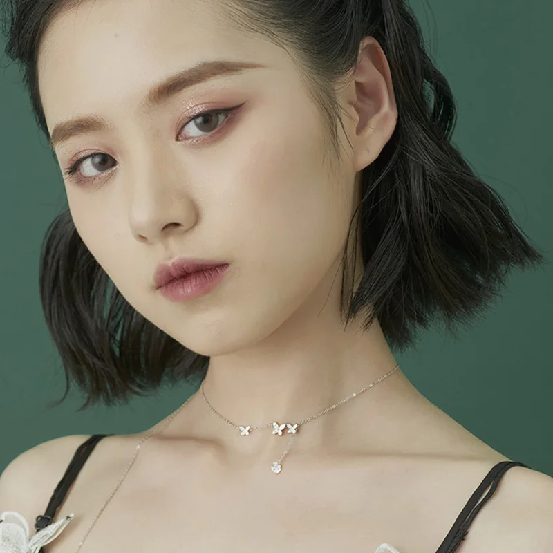 Shiny Zircon 925 Sterling Silver Necklace With Long Tassel Butterfly Choker Girl’s Birthday Party Personality Simple Gift NK031