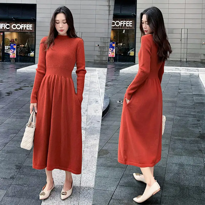 Модное женское платье-свитер Vestidos, теплое платье-свитер с длинным рукавом и высокой талией, женское Элегантное повседневное тонкое длинное платье для женщин Q2138