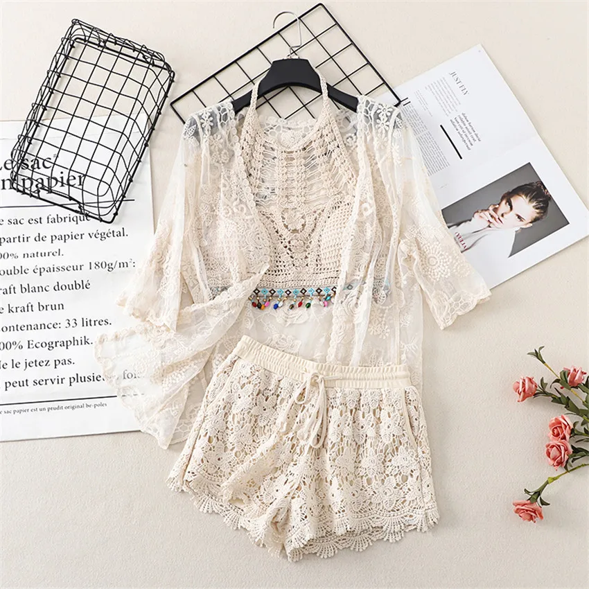 

Summer Beach Crochet Bikini Set Women Hollow Out Halter Neck Tank Top + Sunscreen Shirt Lace Blouse Cardigan + Shorts Holiday