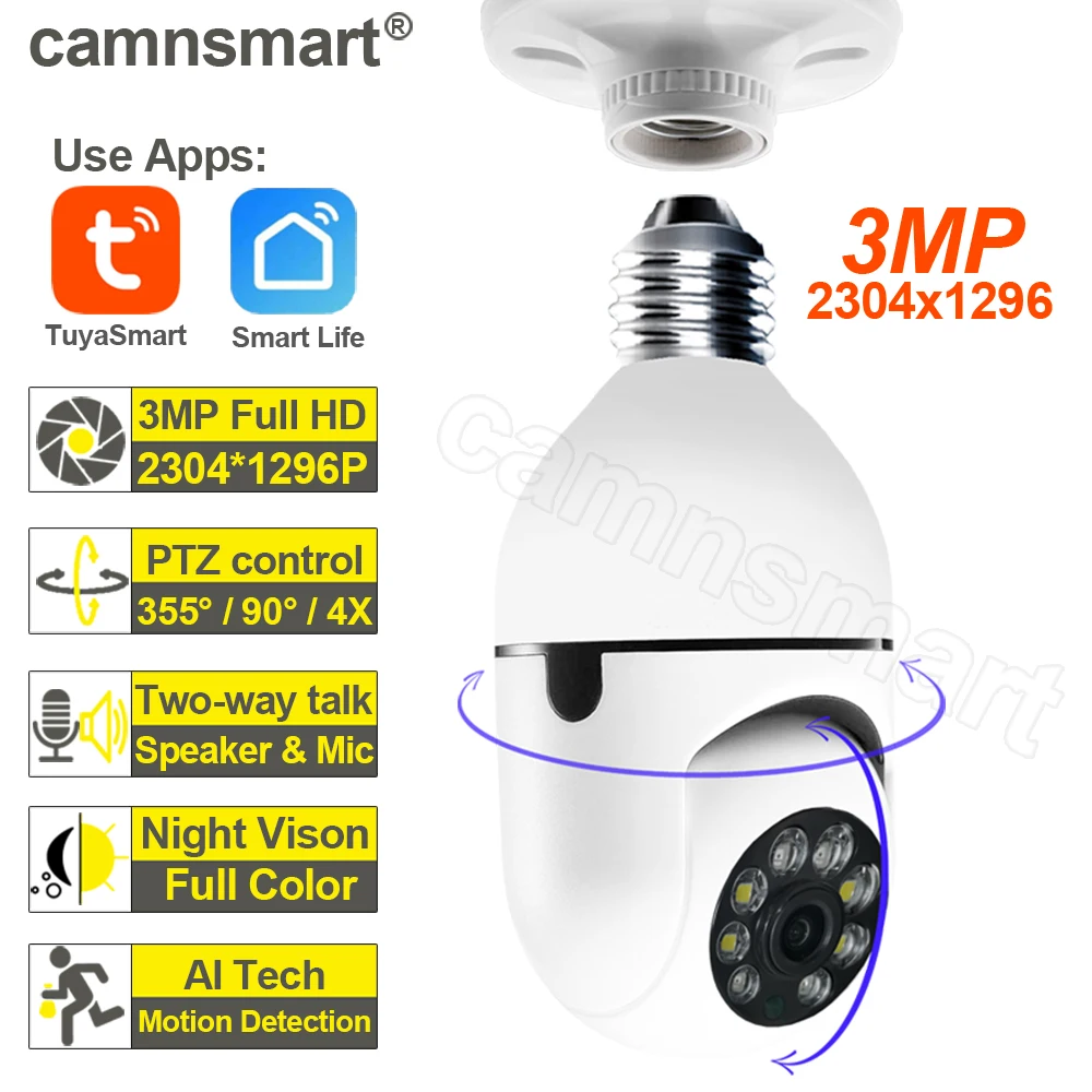 Camnsmart 3mp Wifi Camera Mini Plus E27 Tuya Smart Life Video Surveillance Bulb 1080P Full HD Security for Home Monitor | Безопасность и
