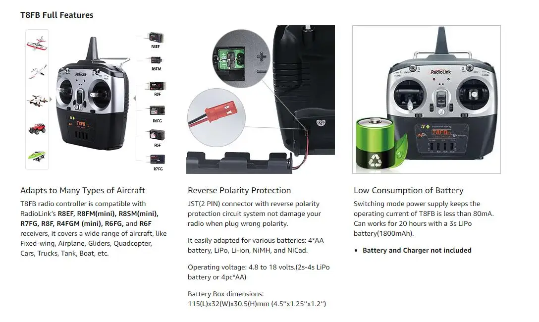 Radiolink T8FB, T8FB radio controller is compatible with JST(2 PIN) connector with reverse 